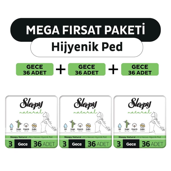Sleepy Natural Ultra Hassas Hijyenik Ped Mega Fırsat Paketi Gece 108 Adet