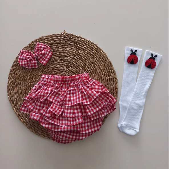 MARS BABY Kız Bebek Uğur Böceği Fırfır Şort Etek Bandana ve Çorap Takımı