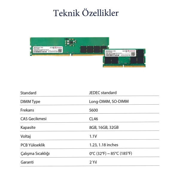 Transcend JM5600ASE-32G 32GB DDR5 5600Mhz CL46 1.1V Notebook Ram - 8