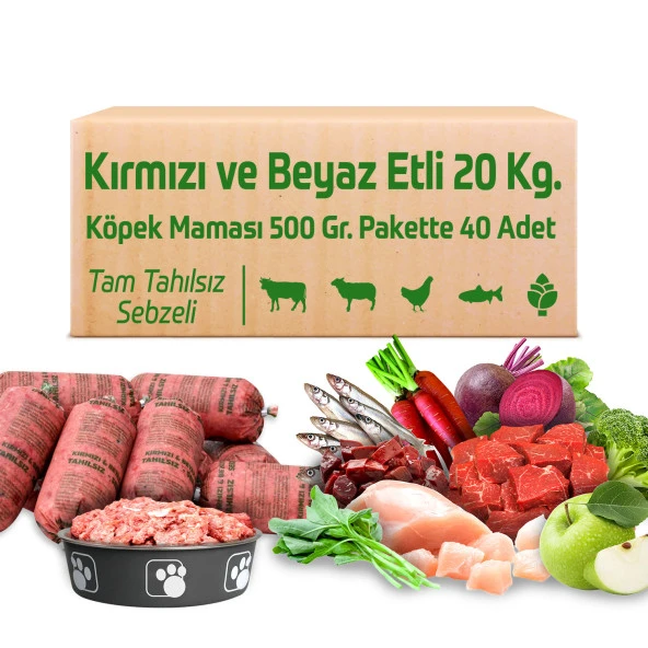 Çiğmamam Kırmızı ve Beyaz Etli Tahılsız Köpek Barf Maması 20 Kg 500 Gr 40 ADET