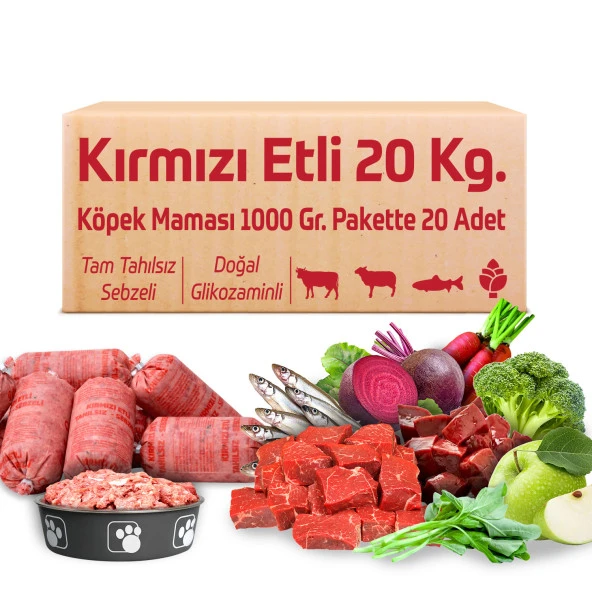 Çiğmamam Kırmızı Etli Tahılsız Köpek Barf Maması 20 Kg 1000 Gr 20 ADET