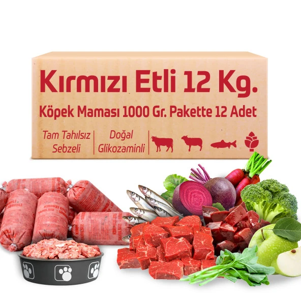 Çiğmamam Kırmızı Etli Tahılsız Köpek Barf Maması 12 Kg 1000 Gr 12 ADET