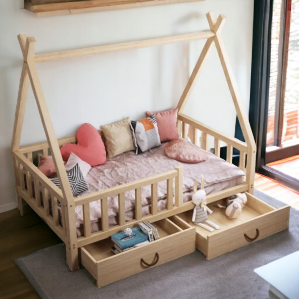 Montessori Yatak Çekmeceli Karyola Ahşap Çocuk ve Bebek Beşik