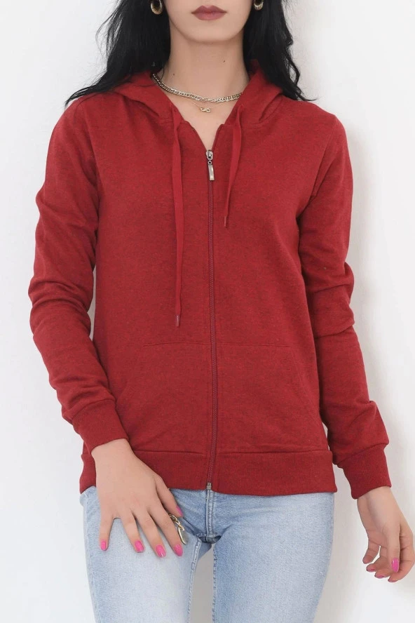 Kapşonlu Fermuarlı Sweatshirt Bordo