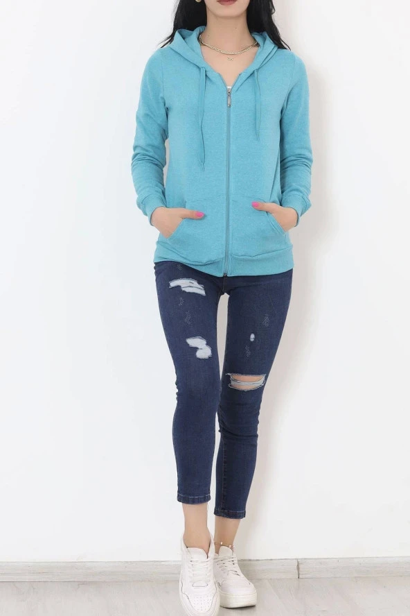 Kapşonlu Fermuarlı Sweatshirt Petrol - 3