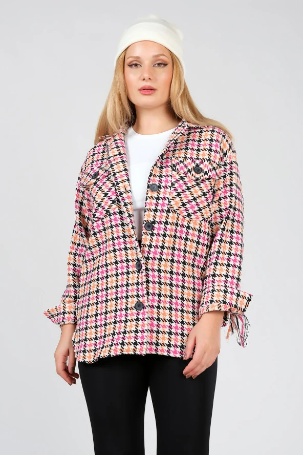 Kadın Kazayağı Desenli Saçaklı Çift Cep Tüvit Kumaş Gömlek Orange - 3