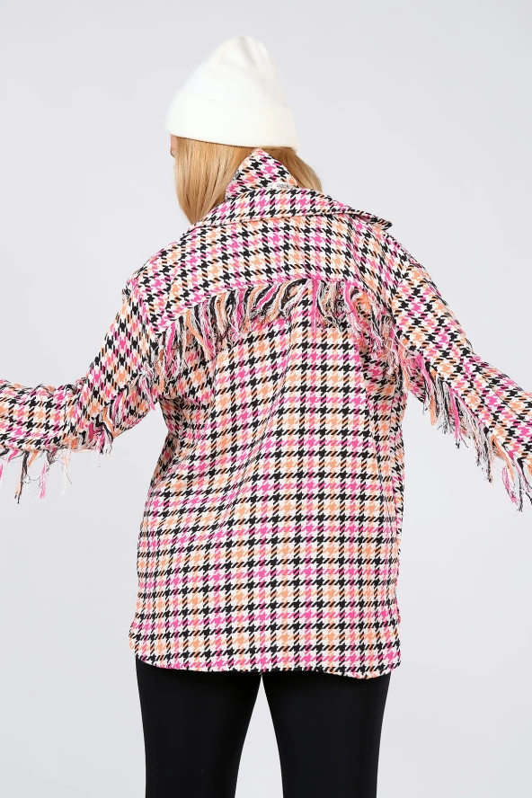 Kadın Kazayağı Desenli Saçaklı Çift Cep Tüvit Kumaş Gömlek Orange - 6