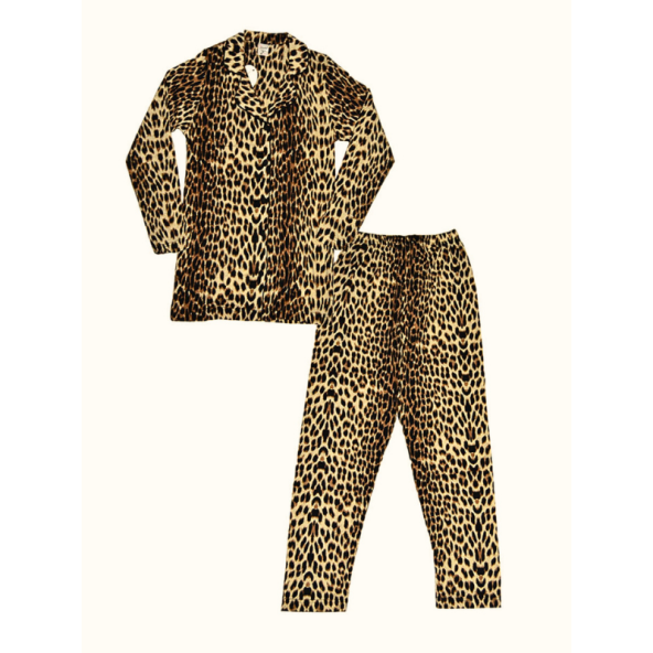 Angelina Kadın leopar desenli düğmeli uzun kol rahat pijama takımı 5836A