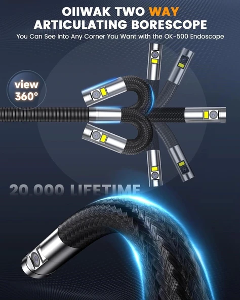 Oiiwak Çift Lensli Eklemli Boroskop, 5 Inc Bölünmüş Ekranlı Kamera - 1m Kablo - 2