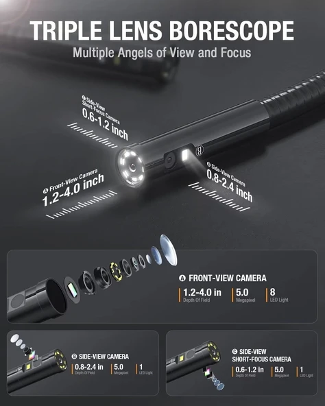Teslong Üçlü Lensli Boroskop - 6 Inc IPS Bölünmüş Ekranlı Gözlem Kamerası, 5m - 2