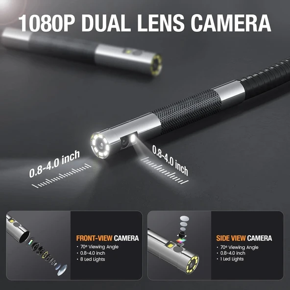 Teslong Çift Lens Mafsallı Endüstriyel Muayene Kamerası, LED Işıklı - 1.5m Kablo - 3