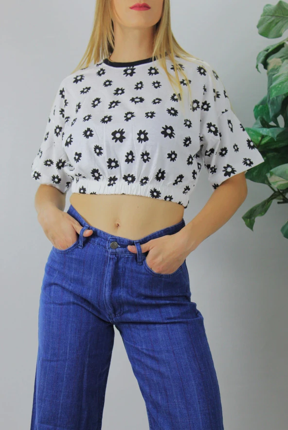 Beli Lastikli Desenli Crop Tişört Beya