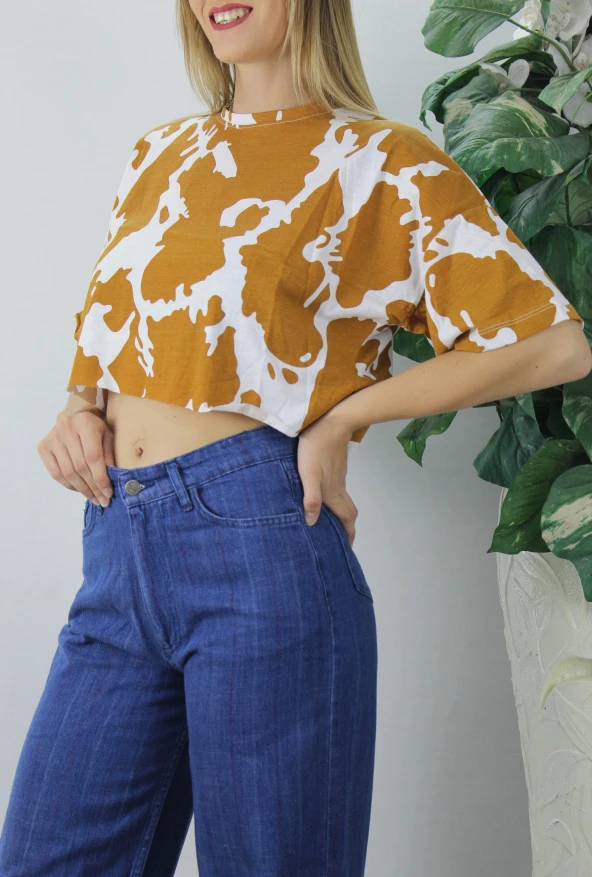 Desenli Crop Tişört Vizon - 2