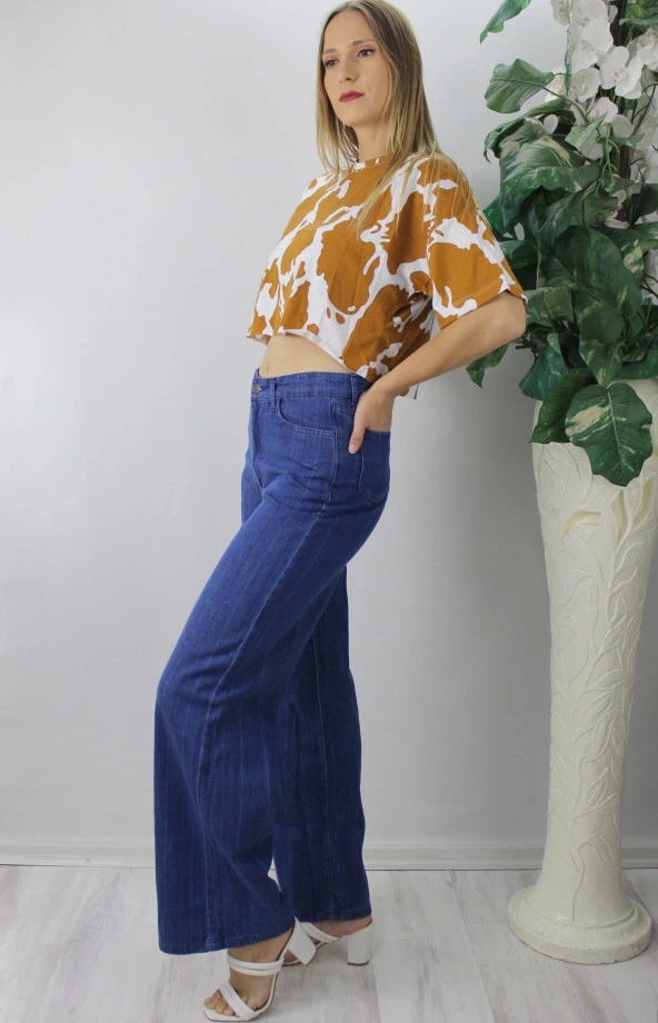 Desenli Crop Tişört Vizon - 3