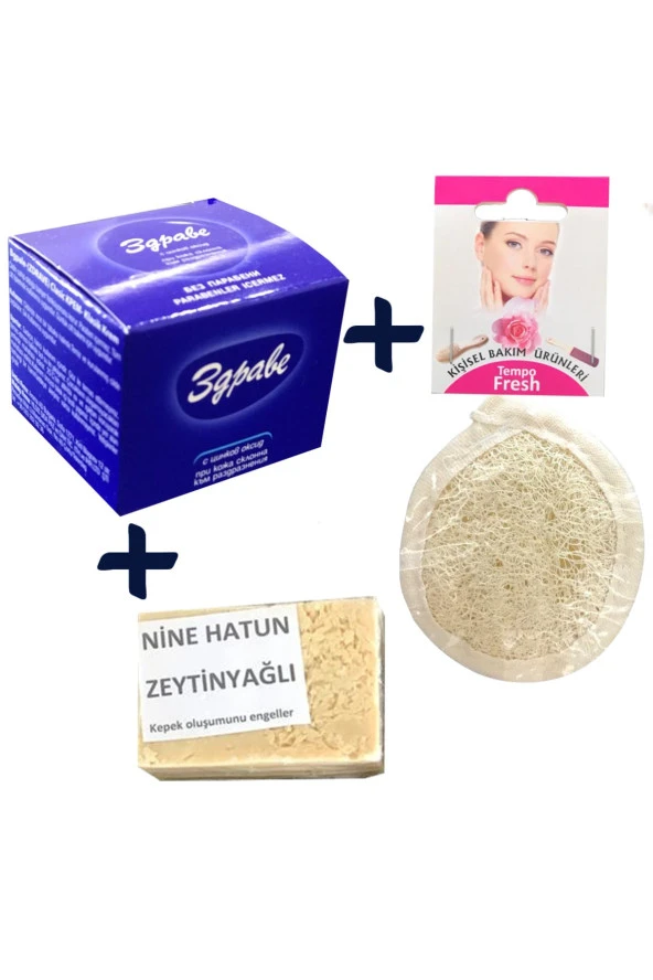 Zdrave Krem & Tempofresh Loofah Pon Pon Yüz Pedi & Zeytinyağlı Sabun