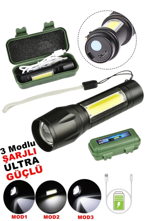 Tak-03 Ultra Güçlü 2500 Lumens + 5w Cob Led Usb Şarjlı El Feneri Kutulu Kamp Feneri Avcılık Feneri - 6