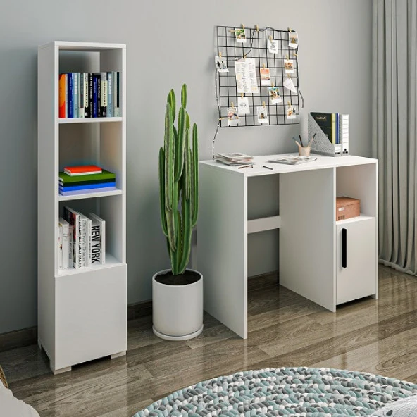 BMdekor Çalışma Masası ve Kitaplık Set Kutay Beyaz - 2