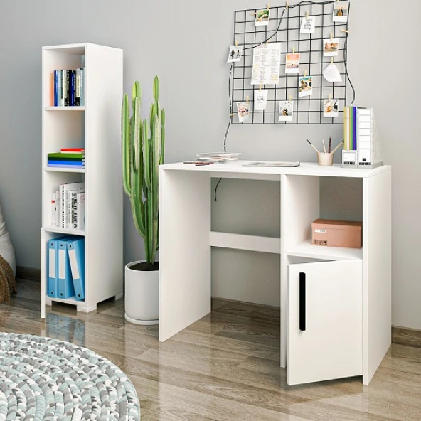 BMdekor Çalışma Masası ve Kitaplık Set Kutay Beyaz - 3