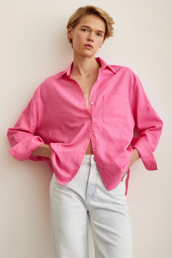 Tek Cepli Oversize Keten Gömlek Pembe ürün görseli