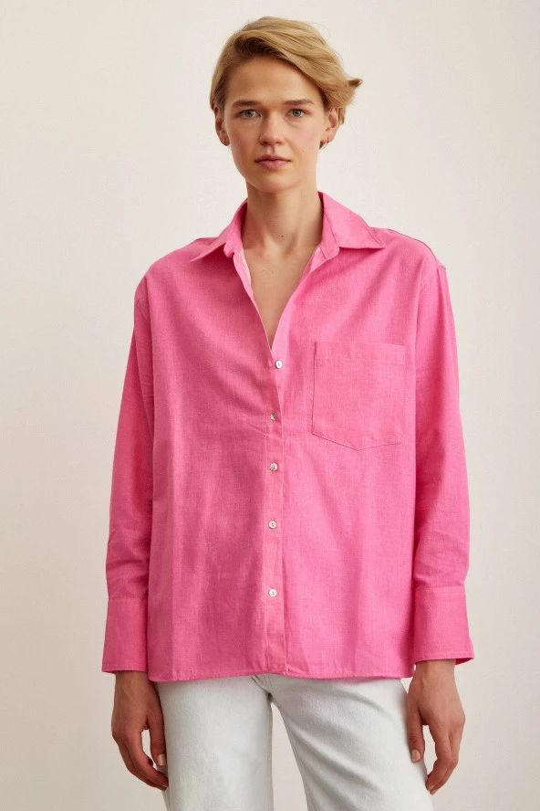 Tek Cepli Oversize Keten Gömlek Pembe - Resim 2
