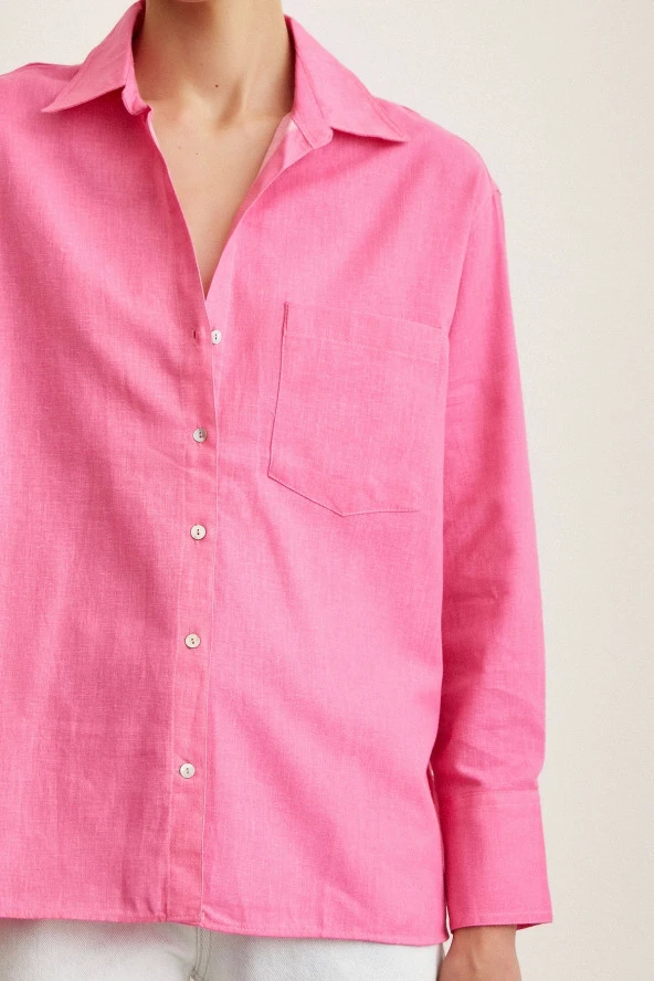 Tek Cepli Oversize Keten Gömlek Pembe - Resim 3