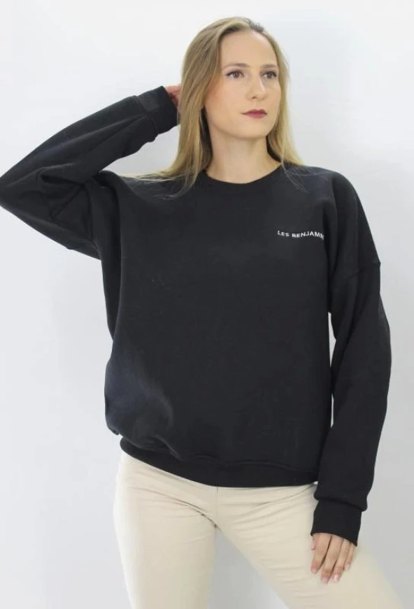 Baskılı Sıfır Yaka Üç İplik Şardonlu Sweatshirt Siyah