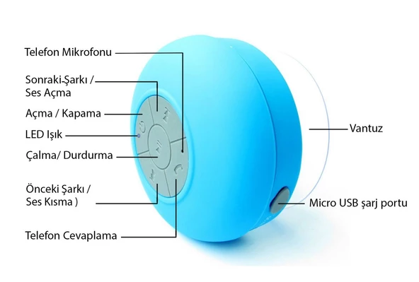 Su Geçirmez Mini Bluetooth Duş Hoparlörü (Mavi) - 4