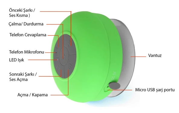 Su Geçirmez Mini Bluetooth Duş Hoparlörü (Yeşil) - 4