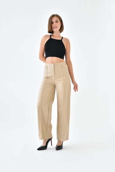 FTZ Women Kadın Deri Pantolon  Beige 30634 - Resim 2