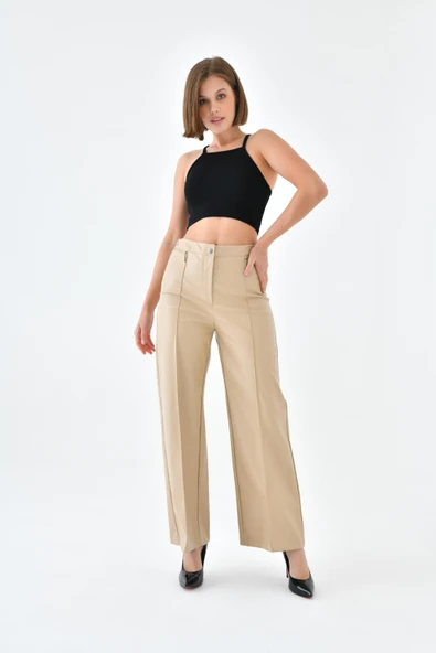 FTZ Women Kadın Deri Pantolon  Beige 30634 - Resim 4