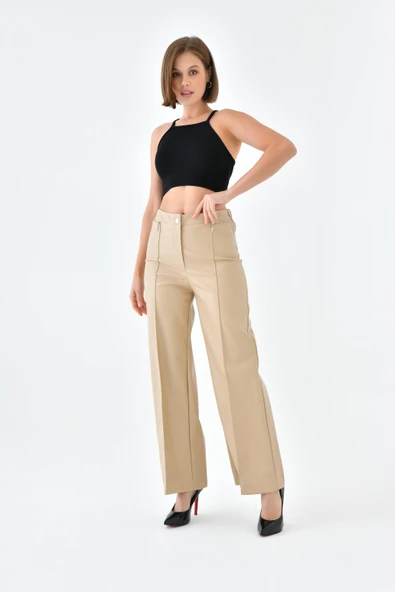 Ftz Women Kadın Deri Pantolon Beige 30634