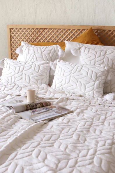 İskandinav Yatak Örtüsü Seti Çift Kişilik Set Bohem Punch Panç Desen Lotus Ekru - Resim 2