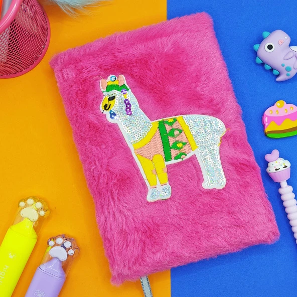 Peluş Pullu Not Defteri (20X13 cm) , 60 Yaprak, Tüylü Lama - Pembe