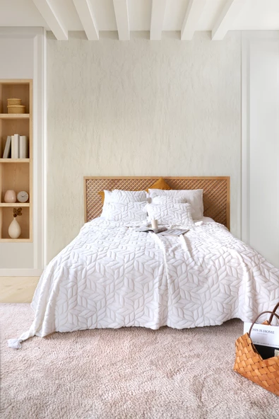 İskandinav Yatak Örtüsü Seti Çift Kişilik Set Bohem Punch Panç Desen Lotus Ekru - Resim 3