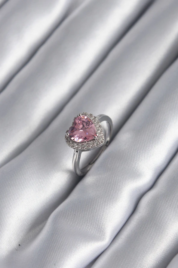 Pirinç Gümüş Renk Pembe Zirkon Taş Kalp Charm Model Kadın Yüzük ürün görseli