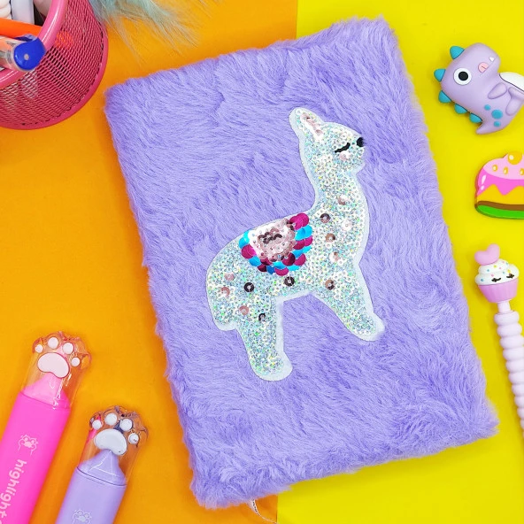 Peluş Pullu Not Defteri (20X13 cm) , 60 Yaprak, Tüylü Lama - Mor