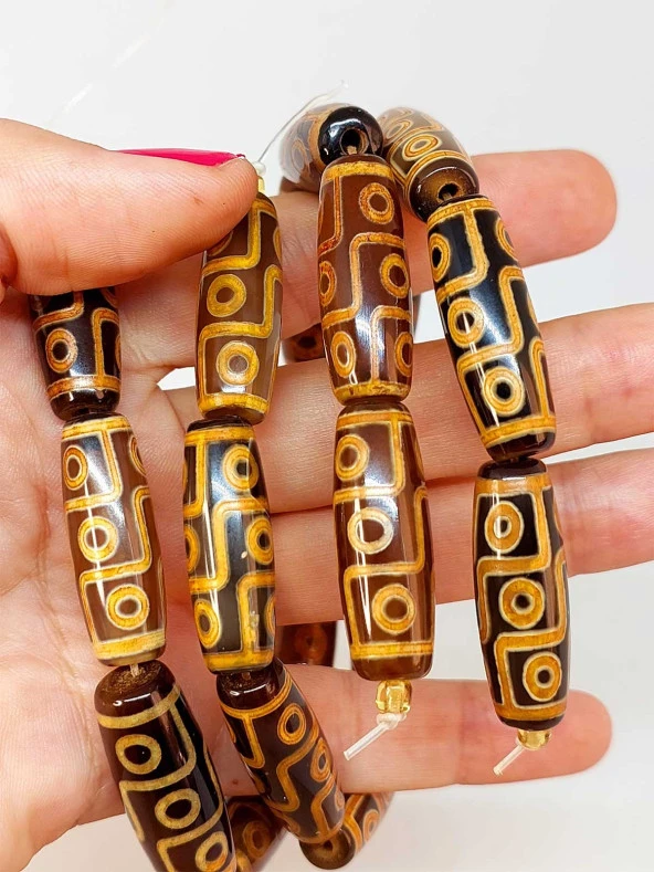 9 Göz Tibet Akik Taşı Silindir Kesim 10x30mm/adet (45782-1) - Resim 3