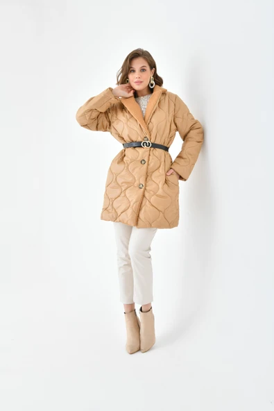 FTZ Women Kadın Kürk Detay Kaban  Camel RBN4067 - Resim 5