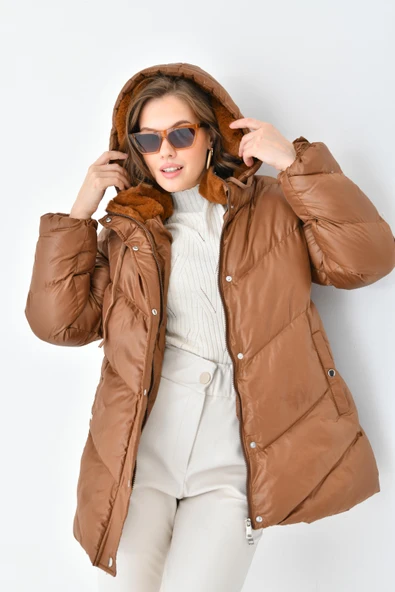FTZ Women Kadın Şişme Kaban  Camel RBN4074 - Resim 3