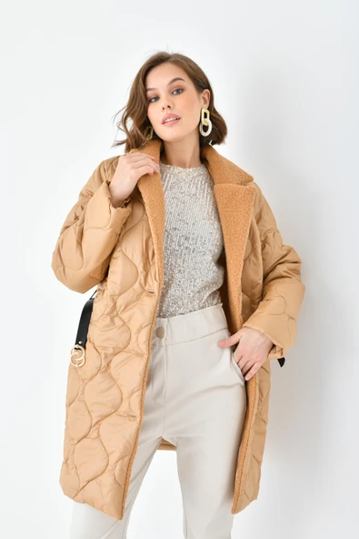 FTZ Women Kadın Kürk Detay Kaban  Camel RBN4067 - Resim 3