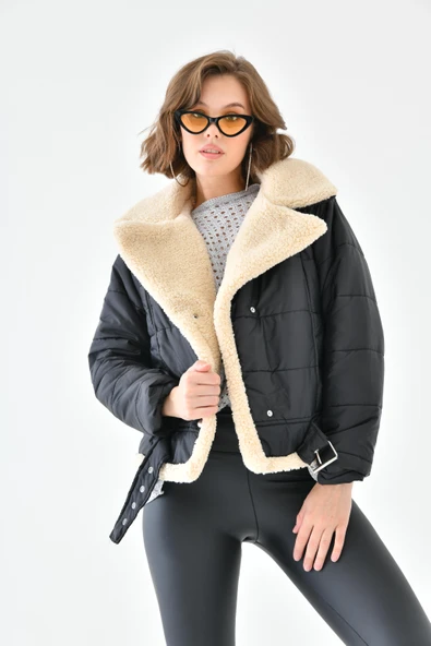 FTZ Women Kadın Kürk Detay Kaban  Siyah RBN4063 - Resim 3