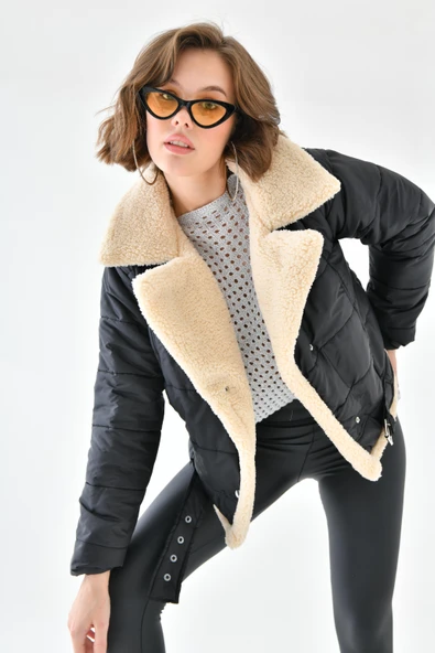 FTZ Women Kadın Kürk Detay Kaban  Siyah RBN4063 - Resim 4