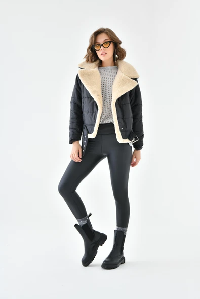 FTZ Women Kadın Kürk Detay Kaban  Siyah RBN4063 ürün görseli