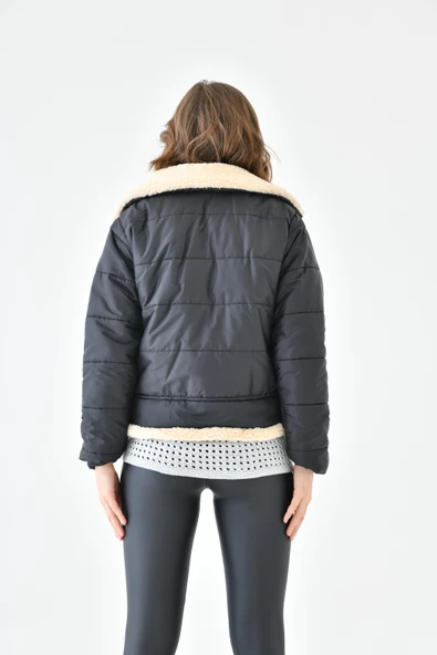 FTZ Women Kadın Kürk Detay Kaban  Siyah RBN4063 - Resim 7