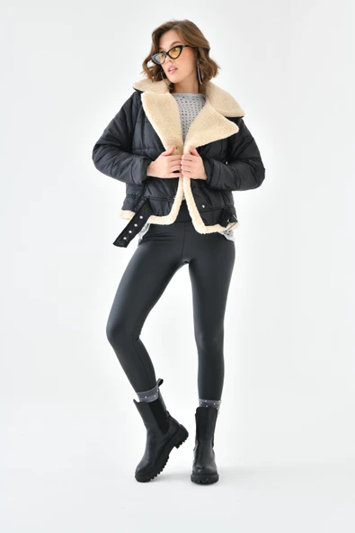 FTZ Women Kadın Kürk Detay Kaban  Siyah RBN4063 - Resim 2