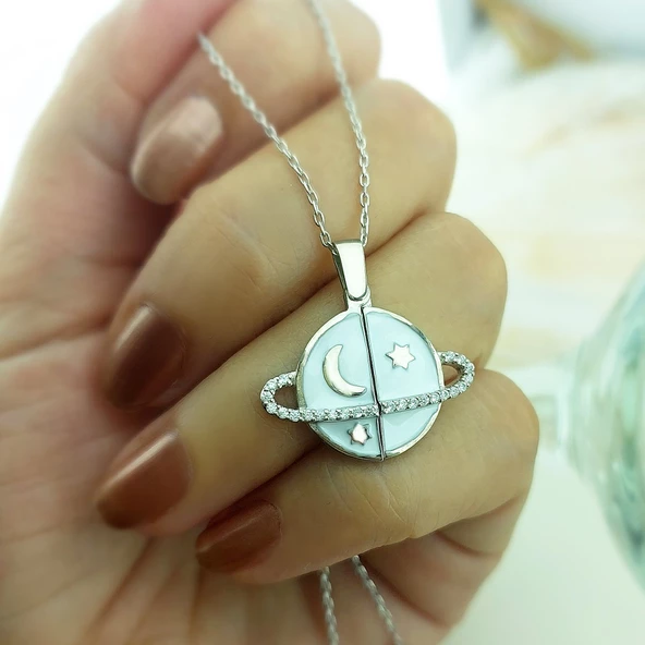 Vaoov 925 Ayar Gümüş İsimli Rodyum Kaplama Açılan Gezegen Kolye - Resim 2