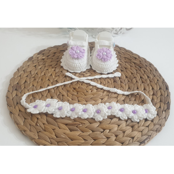 Beyaz Lila Çiçek ve İncili Yenidoğan Patik - 2