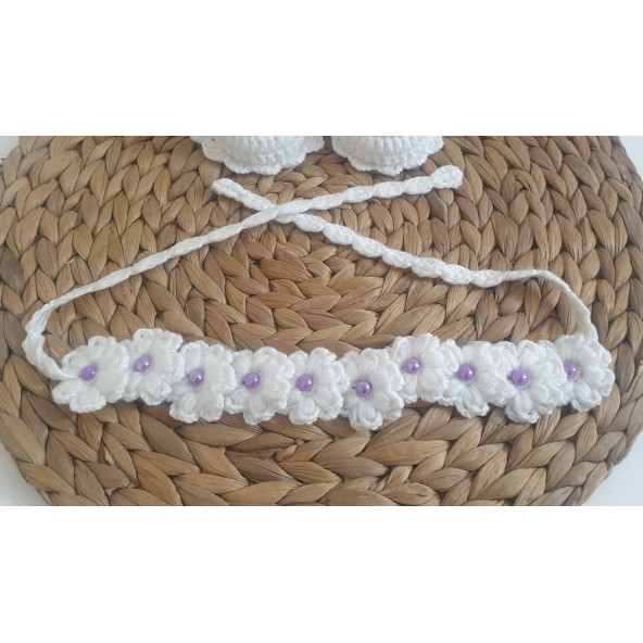 Beyaz Lila Çiçek ve İncili Yenidoğan Patik - 4