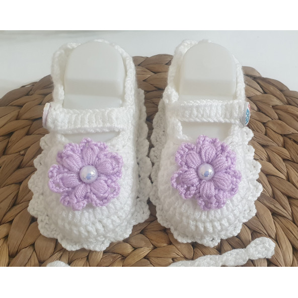 Beyaz Lila Çiçek ve İncili Yenidoğan Patik - 5