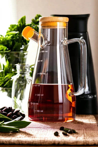 Bambu Kapaklı Cam Yağdanlık Vakumlu Ahşap Stantlı Sirkelik Zeytinyağı Şişesi Yağlık 900 ml - 2